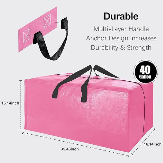 6 Pack Heavy Duty Extra Large Moving Bags W/Backpack Straps - Strong Handles & Zippers, Storage Totes For Space Saving, Fold Flat, Alternative to Box and Bin (40 gal, Pink)