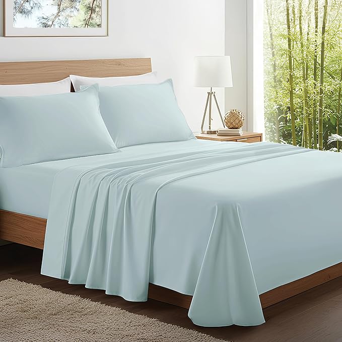 Kickoff Viscose Bamboo Sheets Twin Size 3-pc 100% Organic Bamboo Viscose Bed Cooling Sheets Twin Size Set Cool Bedding for hot Sleepers Sheet, Flat, Fitted, Pillowcase (Coastal Blue, T)