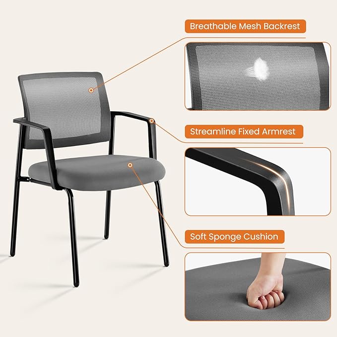 Sweetcrispy Mesh Back Stacking Arm Chairs 1 Pack, Upholstered Fabric Stack Chairs, Sturdy Metal, Easy to Use and Store, Outdoor and Indoor, for Home, Office, Party, Comfy, Grey