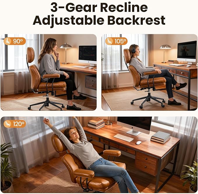 Home Office Desk Chair, Mid-Century Modern Office Chair with Adjustable Lumbar Support, Thickened Cushion Executive Desk Chair with 360 Rolling Swivel for Meeting Game Study Room(Brown)