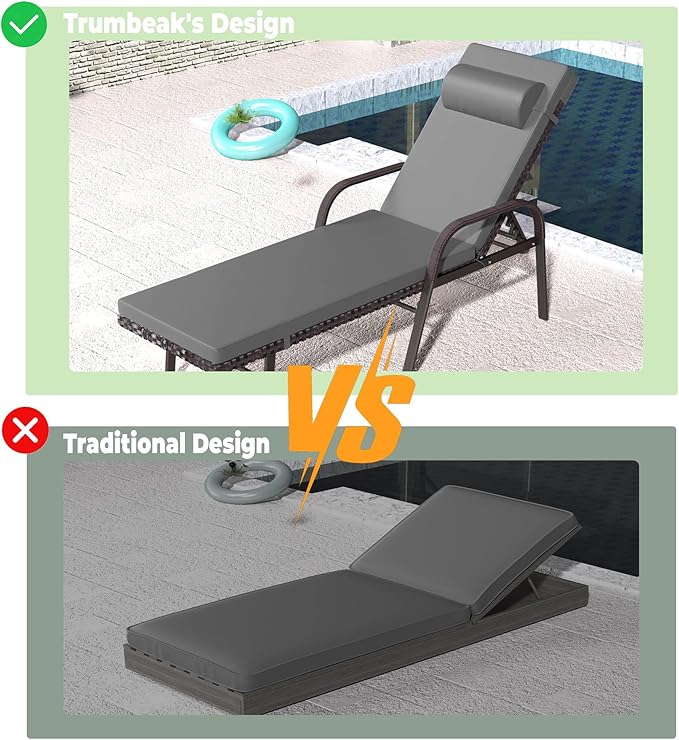 Patio Chaise Lounge Set 3 Pieces Pool Lounge Chairs,Cushioned Outdoor Folding Lounge Chair w/Arm and Rattan Adjustable Backrest for Poolside Porch,Folding Table Included,Grey