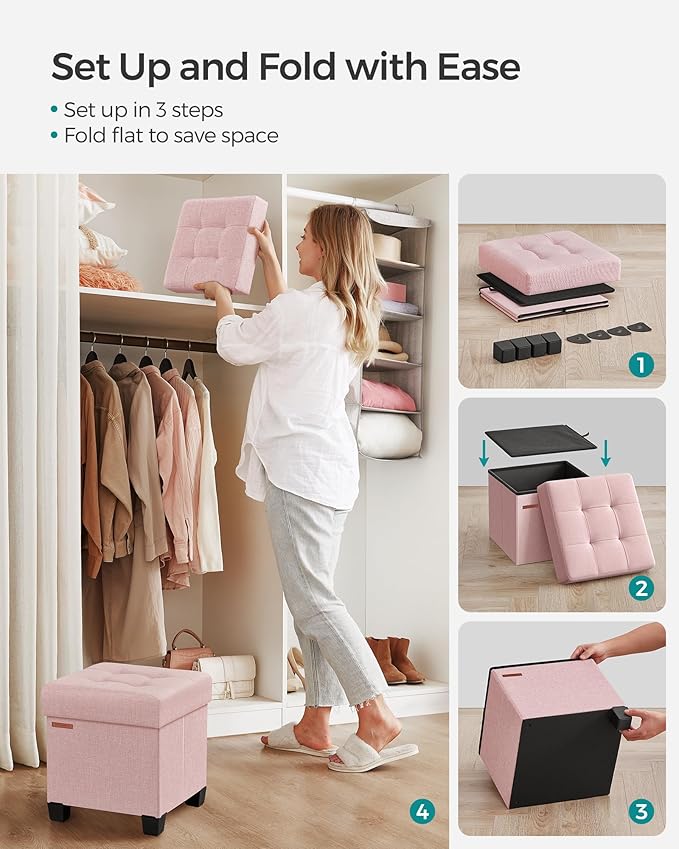 SONGMICS Storage Ottoman, Small Ottoman Foot Rest with Legs, 15 x 15 x 15.7 Inches Foot Stool, Load up to 660 lb, for Living Room, Bedroom, Dorm, Jelly Pink ULSF014P01