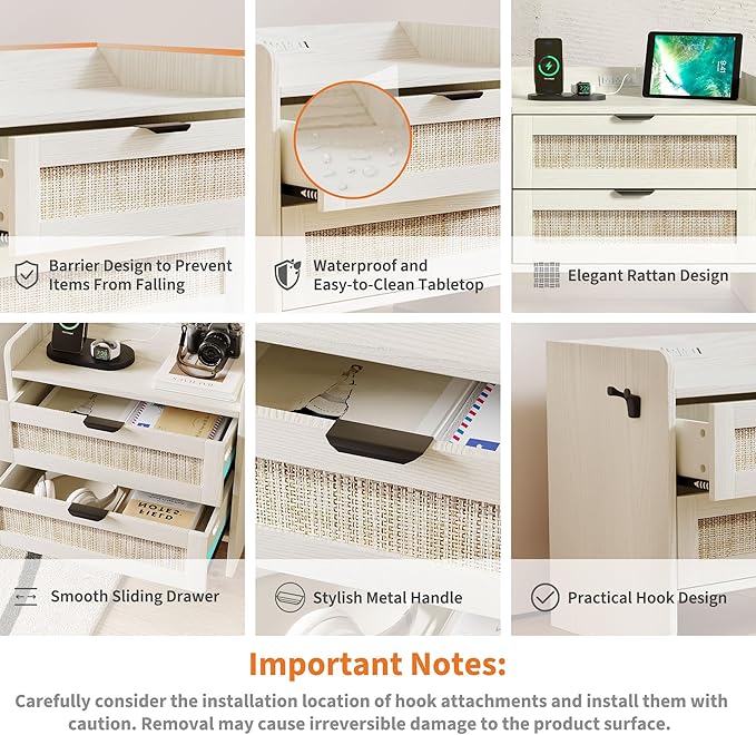 Rattan Nightstand Set of 2, Bedside Table with Type-C Charging Station - 2 Storage Drawer Space, Boho End Table Side Table for Bedroom Office, Large Night Stand with Charging Port