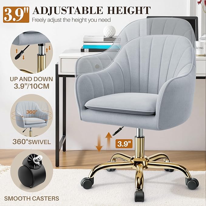 Vanity Chair with Wheels, Comfy Home Office Desk Chairs Adjustable Modern Velvet Makeup Vanity Chairs for Bedroom Living Room-Gray