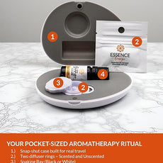 Essence Pearl Travel Case - Wearable Aromatherapy Kit with Nasal Diffuser Rings, Soaking Bay, and 5mL Essential Oil – Portable Wellness Gift Set for On-The-Go Self Care