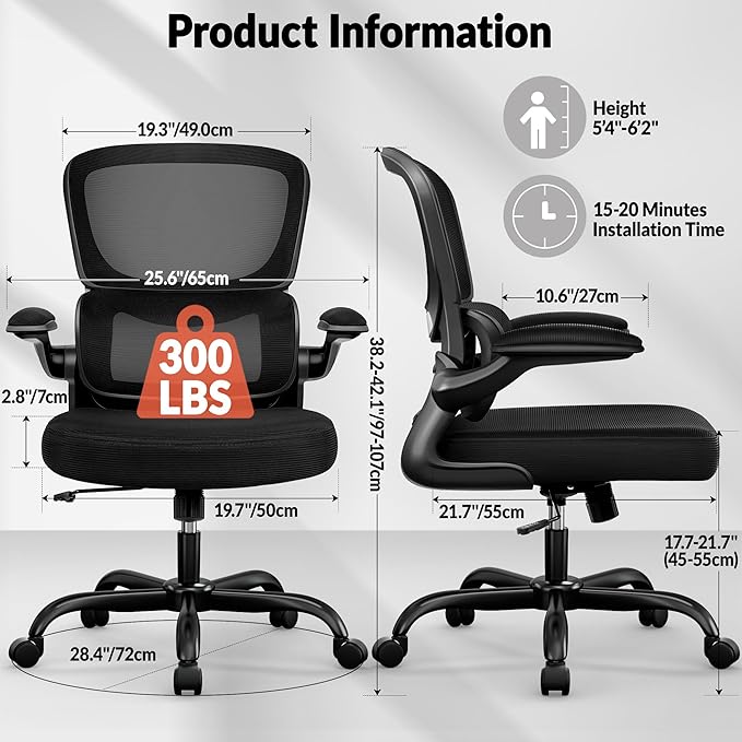 Office Chair Ergonomic Desk Chair, Breathable Mesh Comfy Chair with Lumbar Support, Computer Chair, Home Desk Chair with Flip-up Armrests, Gaming Chair for Adults Home Office (Black)