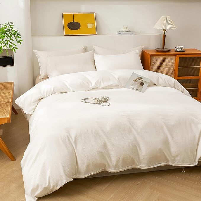 ECOCOTT 100% Washed Cotton Duvet Cover Twin Size – Soft & Breathable Linen Feel Bedding Set, 3 Pieces White Comforter Cover with Zipper Closure for All Seasons