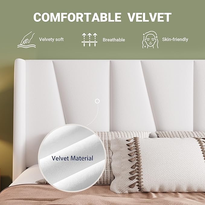 Allewie King Size Platform Velvet Bed Frame with Geometric Wingback Headboard, Boho Upholstered Bed with Wooden Slats Support, No Box Spring Needed, Easy Assembly, White