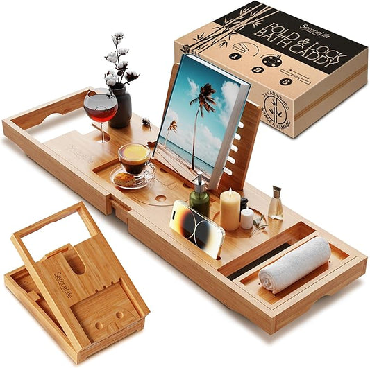 SereneLife Premium Bathtub Tray Caddy with Gift Box and Bow Set, Expandable Bath Tray, Unique House Warming Gifts for Mom, Women, Wedding, Anniversary, Bridal Shower, Fit for All Tub - Classic