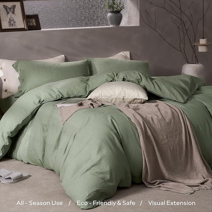 JELLYMONI Cotton Duvet Cover King Size - Sage Green Comforter Cover with Button 100% Washed Cotton 3PCS Breathable Soft Solid Bedding Set Duvet Cover 104×90in & 2 Pillowcases (NO Comforter)