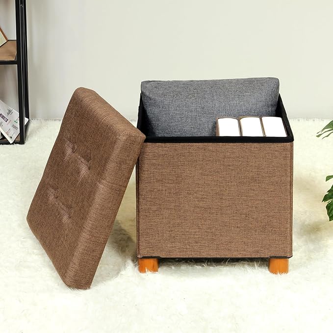 B FSOBEIIALEO Storage Ottoman with Tray, Foot Stools and Ottomans with Legs, Storage Cube Seat Linen Brown 15"