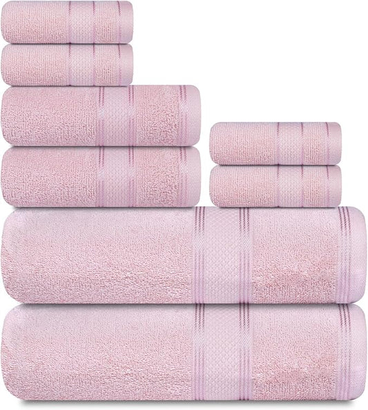 Casa Lino Bath Towel Set of 8 (2 Bath Towels, 4 Wash Cloths & 2 Hand Towels for Bathroom) - 100% Cotton - Highly Absorbent & Quick Dry - Guest Room Essentials for Bathroom Set - (Blush Pink)