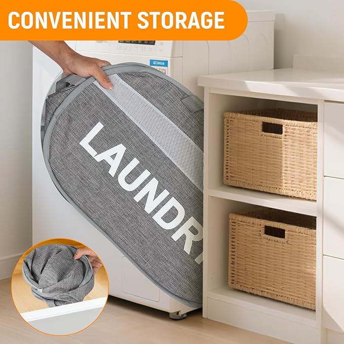 Collapsible Laundry Baskets, Foldable Clothes Hamper with Reinforced Handles, Sturdy Pop Up Hampers for Laundry, Tear Proof & Easy to Carry Laundry Hamper for Home, Apartment, Dorm, Travel Grey