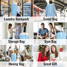 Laundry Bag Backpack, 125L Extra Large Travel with Shoulder Straps, Adjustable & Extendable Design, Laundry Hamper Bag with 3 Pockets for Laundromat, College, Travel, Camping (Light Blue)