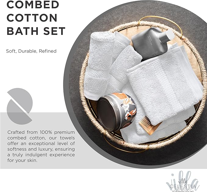 100% Cotton Bath Towel Set of 24-6 Bath Towels, 6 Hand Towels, 12 Wash Cloths, Sustainable, Soft, Highly Absorbent, Combed Cotton 24 Piece Set for Hotels, Spa, Bathroom, Dorm, White