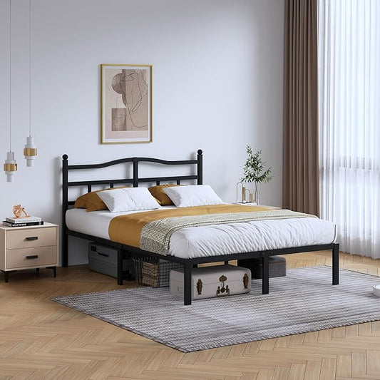 Metal Bed Frame with Headboard - 14 Inch King Size Heavy Duty Bedframe Black Basic Steel Slats Platform No Box Spring Needed/Easy Assembly/Noise Free