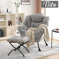 Tiita Lazy Chair with Ottoman, Modern Large Accent Lounge Armchair, Comfy Leisure Sofa Reading Chair with Footrest for Bedroom, Living Room, Dorm Rooms, Garden and Courtyard, Light Grey