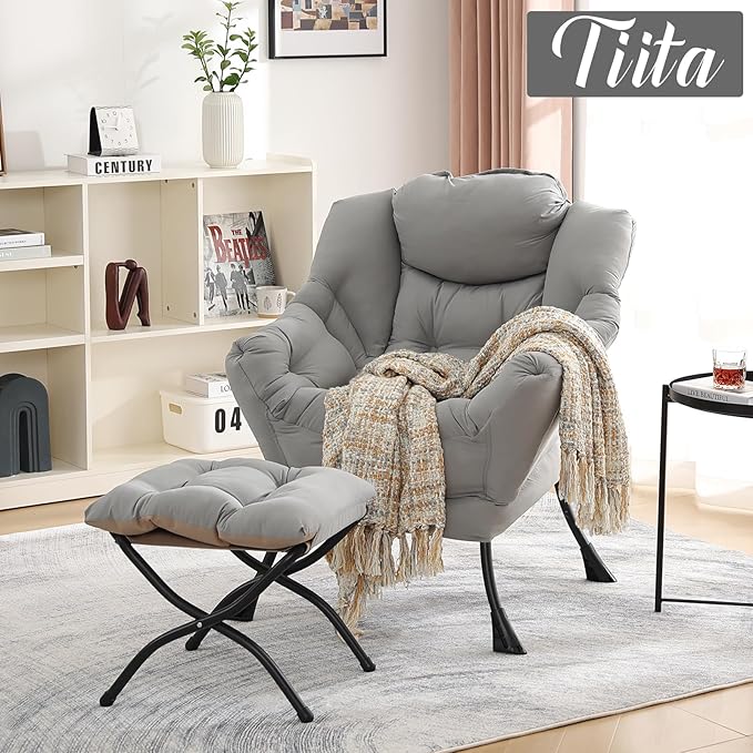 Tiita Lazy Chair with Ottoman, Modern Large Accent Lounge Armchair, Comfy Leisure Sofa Reading Chair with Footrest for Bedroom, Living Room, Dorm Rooms, Garden and Courtyard, Light Grey