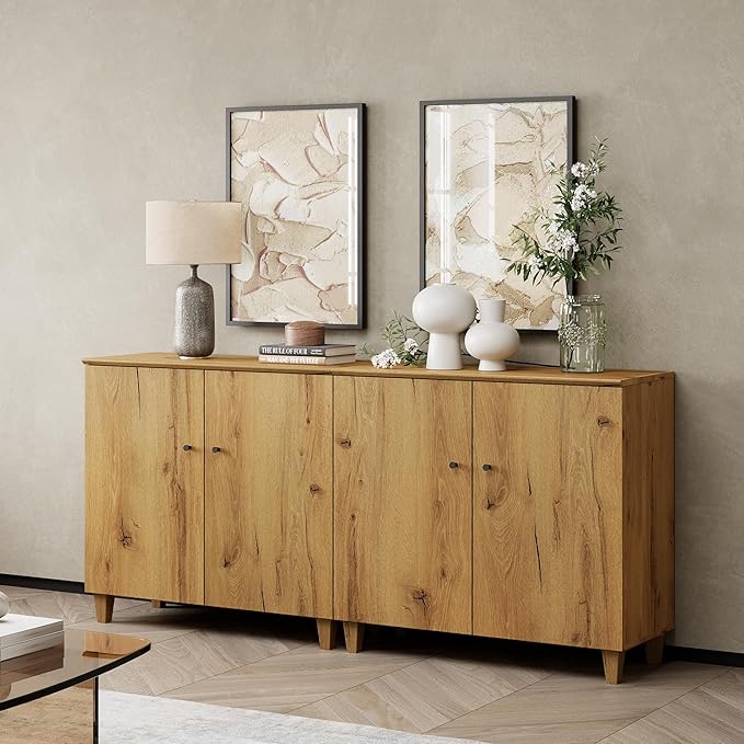WAMPAT Storage Cabinets with Doors, Set of 2 Wood Sideboards Extra Wide Buffet Storage Cabinets, Accent Cabinets with 6 Compartments for Living Room, Dining Room, Kitchen, 1 Pack, Rustic Oak Brown