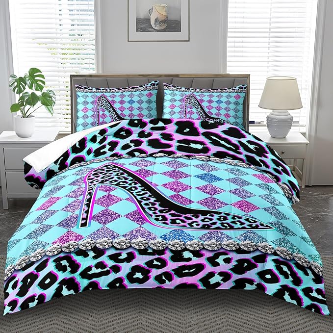 Rainbow Cheetah Print Comforter Set Twin Girls Sexy High Heels Leopard Print Bedding Set Women High Heels Leopard Comforter Quilt Bedroom Decor Animal Cheetah Bedding Bed Decor