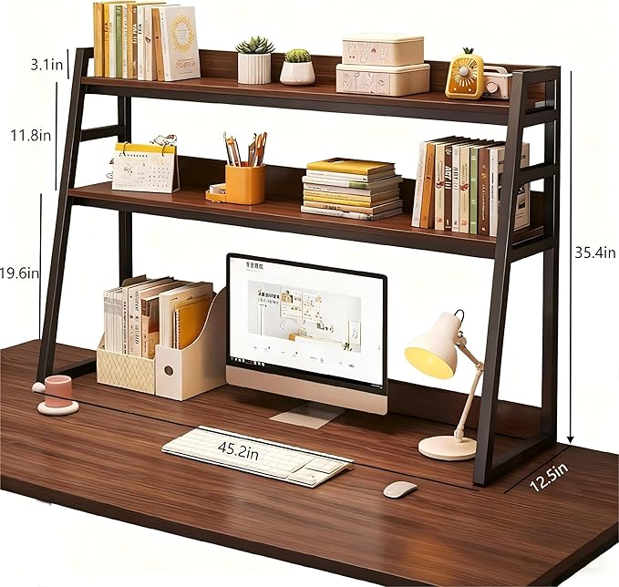 2-Tier Desktop Bookshelf, Wood Hutch Shelf Organizer, 29.9 x 12.6 x 35.4 inches, Study Room Storage Rack (Black, 45 * 12 * 35in)