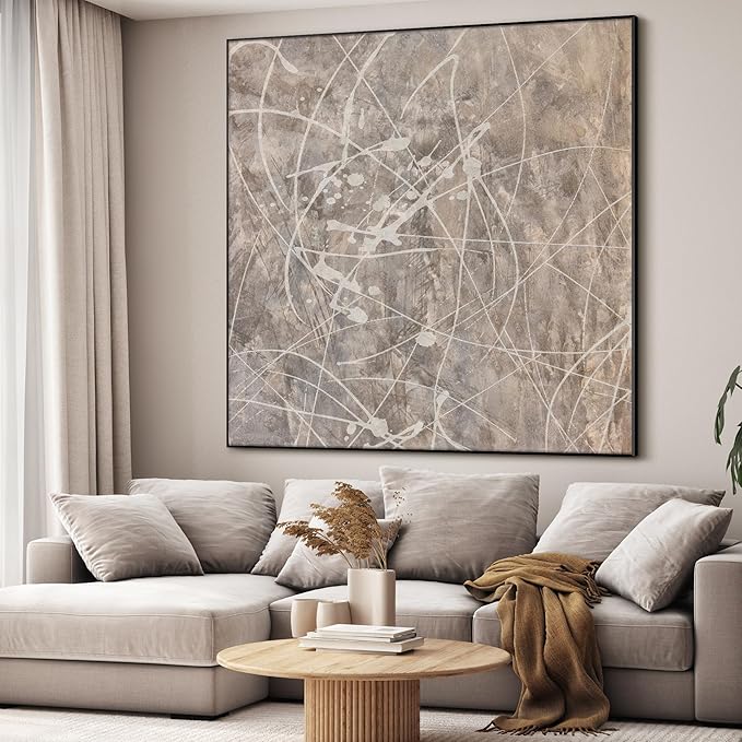 36"x36" Large Framed Wall Art - Splatter Beige and Gray Graffiti Style (Frame Assembly Required)