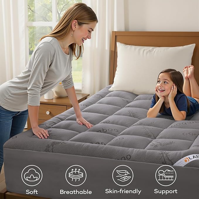 OLANLY California King Mattress Topper, Viscose Made from Bamboo, Cooling Soft Pillow Top Mattress Pad for Back Pain Relief, Plush Down Alternative Fill Bed Topper with Elastic Deep Pocket, Light Gray