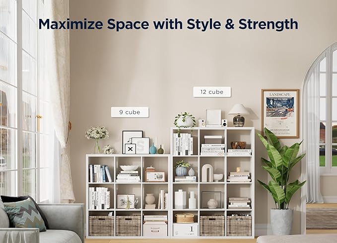 12-Cube Storage Organizer, Wooden Cube Shelf Bookcase with Reinforced Thick Shelves, Heavy-Duty 36.93" L x 9.37" W x 48.82" H, for Living Room Bedroom Home Office, White