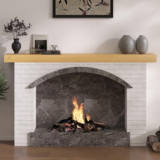Fireplace Mantel 60inch, Solid Wood Mantel Shelf Handcrafted Rustic, Handcrafted Wood Fireplace Mantels Floating Mantle Shelves Decor for Wall, Bedroom, TV, Books, Livingroom 60 X 8 X 3 - Natural