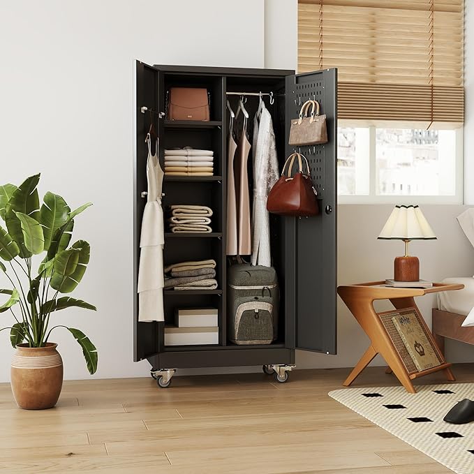 SUXXAN Broom Closet Storage Cabinet with Wheels 61.6"x 27.5"x11.7", Metal Cleaning Cabinets with Hooks and Hanging Rods, Lockable Cabinet with Pegboard, Adjustable Shelf,for Garage, Laundry Room