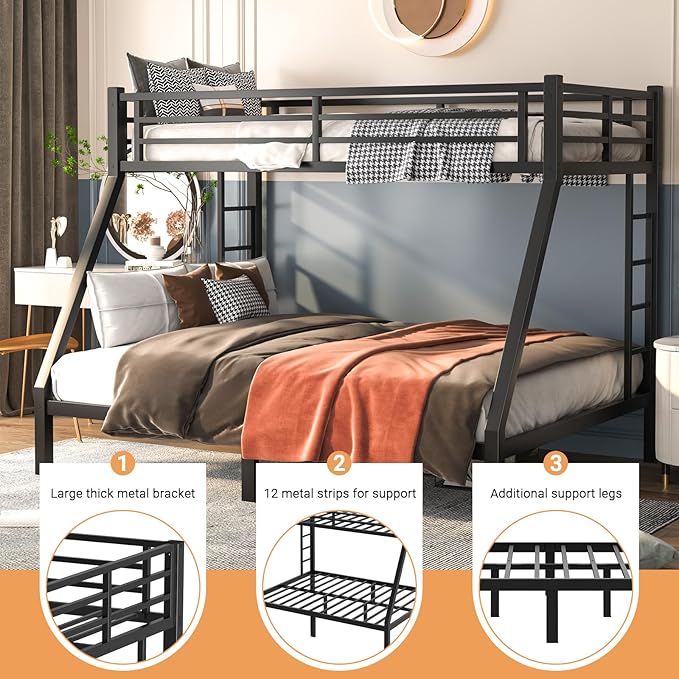 Twin XL Over Queen Bunk Bed, Metal Bunk Bed Frame Heavy Duty Bunk Beds Loft Bed Frame with Ladder and Guardrail Metal Slats No Box Spring Required for Adults Teens, Black