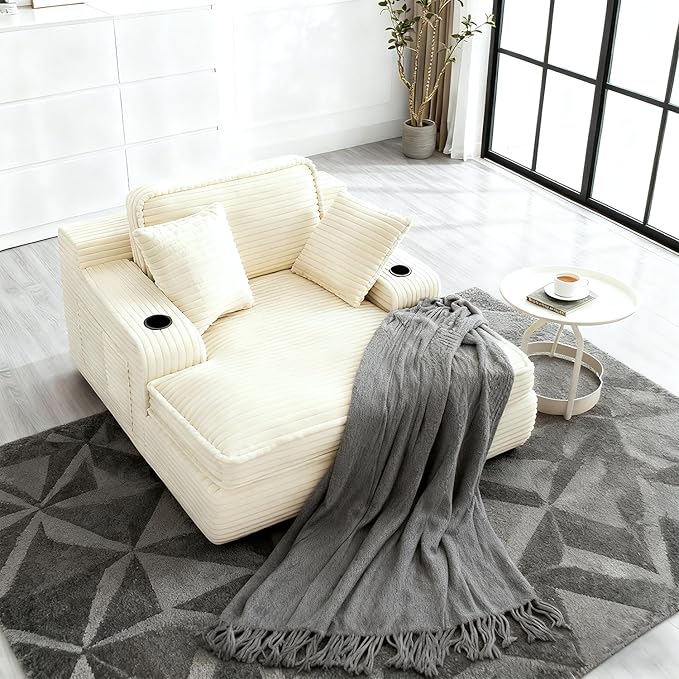 67" Oversized Chaise Lounge Chair Indoor, Soft Boneless Cloud Couch with 3 Pillows, 4 Side Pockets and 2 Cup Holders, Comfy Corduroy Sleeper Couch for Living Room Bedroom, Beige