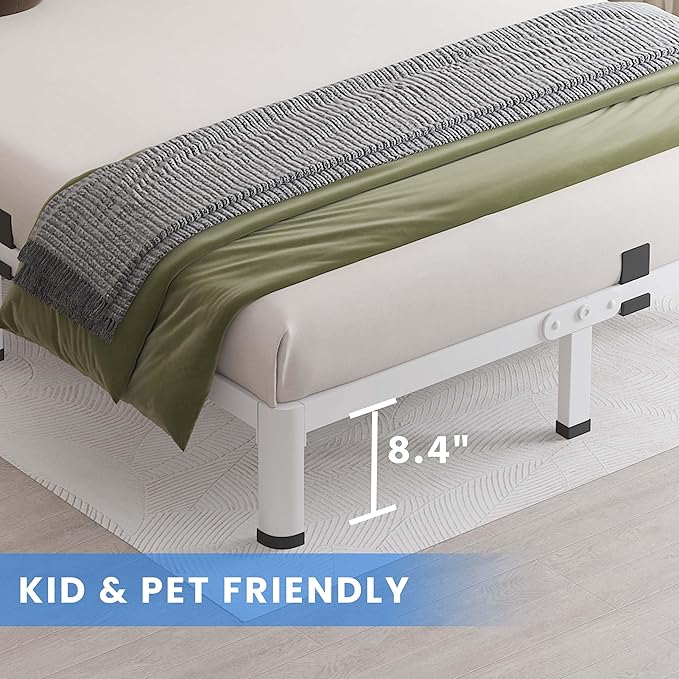 MAF 10 Inch King Size Bed Frame White with Round Corner Legs Mattress Slide Stopper No Box Spring Needed Heavy Duty Metal Platform Bed Frames Under-Bed Storage Space, 3000 LBS Steel Slats Support