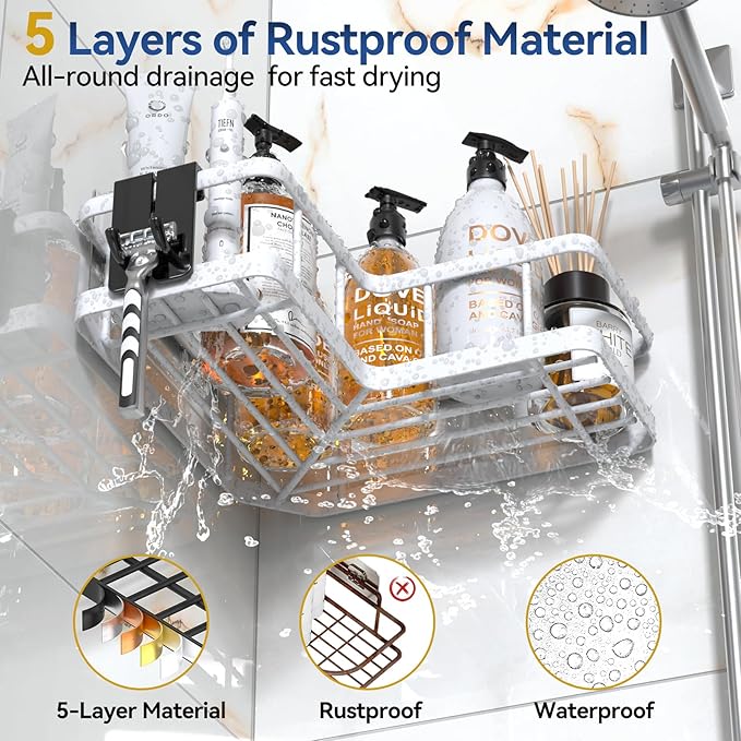 YASONIC Shower Caddy Corner, 3-Pack Adhesive Rustproof Stainless Steel Shower Shelves with Soap Holder, No Drilling Shower Organizer Corner for Dorm, Renters Bathroom, White