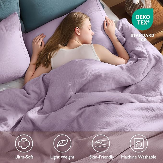 EMME Muslin Cotton Duvet Cover Set Lavender Twin Size Linen Like Soft Breathable Lightweight Summer Comforter Cover Set with Zipper Closure (Lavender, Twin, 68"x90")
