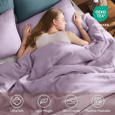 EMME Muslin Cotton Duvet Cover Set Lavender King Size Linen Like Soft Breathable Lightweight Summer Comforter Cover Set with Zipper Closure (Lavender, King, 104