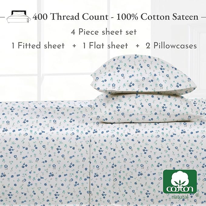 California Design Den Floral Printed Queen Sheet Set - 400 Thread Count, Soft Sateen, Natural 100% Cotton Sheets, Deep Pockets, and Durable Bedding Set - Blooming Meadows CaliforniaDesignDen