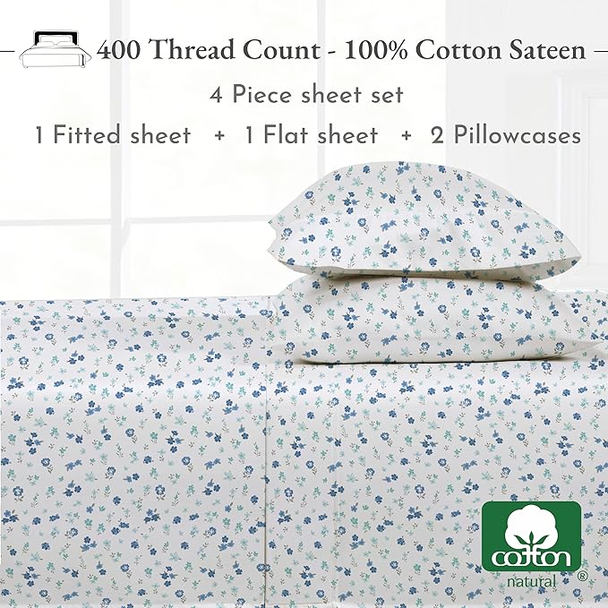 California Design Den Full Size Bed Sheets Set - 400 Thread Count Sateen, Natural 100% Cotton Sheets, Deep Pocket and Durable Bedding - Blooming Meadows CaliforniaDesignDen