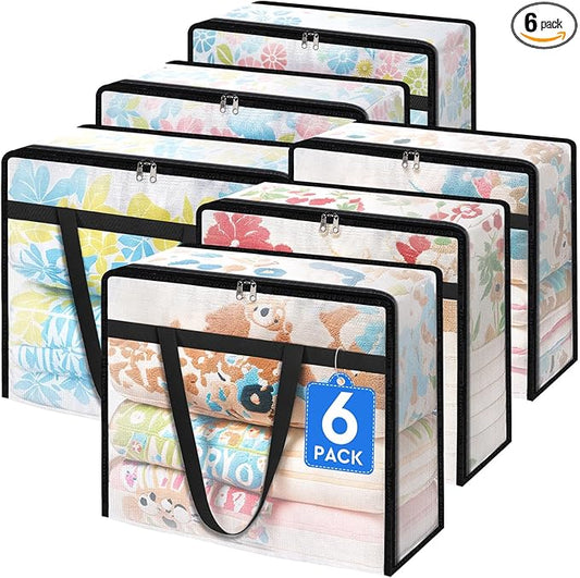 6 Pack Clear Storage Bags for Comforter, Clothes & Bedding, Plastic Blanket Storage with Zipper and Handle, Moving Bags, Closet Organizer and Under-Bed Storage (90L)