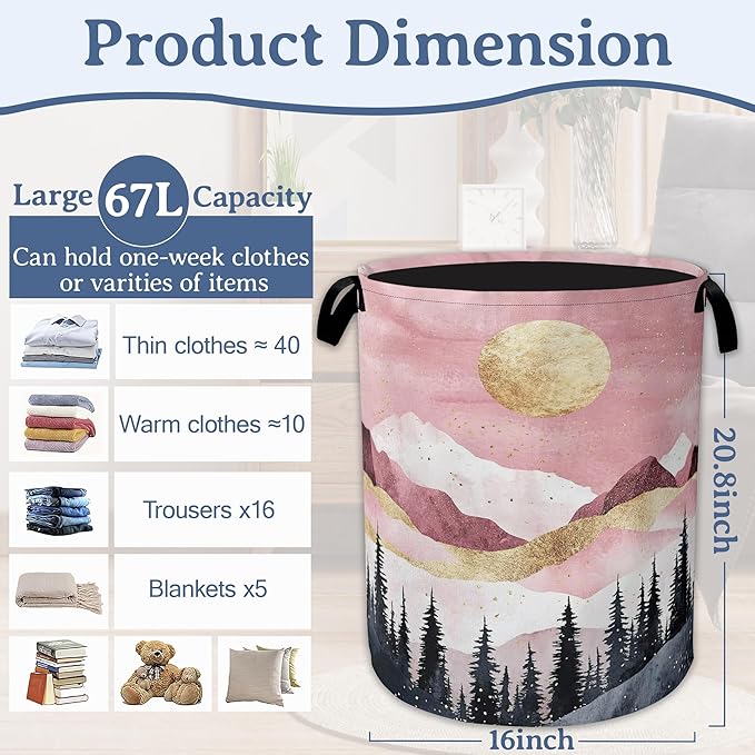Mountains Laundry Basket,Foldable Oxford Cloth Sun Forest Golden Pink Laundry Hamper with Handles, 20.8"x16" Tote Bag Clothes Storage Bucket for Laundry Room/Bathroom/Bedroom/Dormitories
