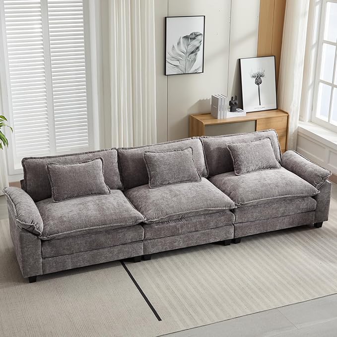 120" Modular Sectional Sofa, Comfy Cloud Couch Sectional Sofa, Chenille Sofa Sleeper Deep Seat Sofa with Throw Pillows for Living Room (Light Gray, 120"- 3 Seater)
