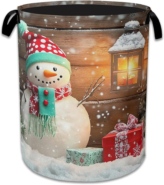 Christmas Laundry Basket,Oxford Cloth Snowman Laundry Hamper With Handle Foldable Portable Clothes Storage Basket for Laundry Room/Bedroom/Bathroom 20.8"x16"
