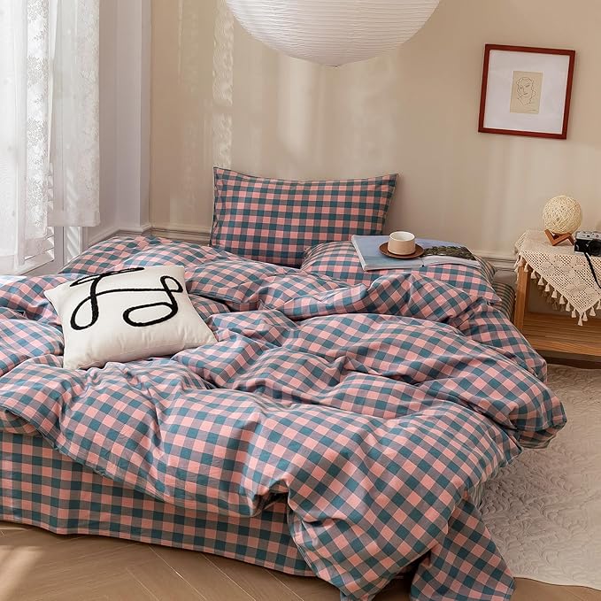 VM VOUGEMARKET 3 Pieces Gingham Duvet Cover Set King Washed Cotton Pink Purple Blue Plaid Checkered Printed Comforter Cover with Zipper Soft Lightweight & Breathable Quilt Cover Set