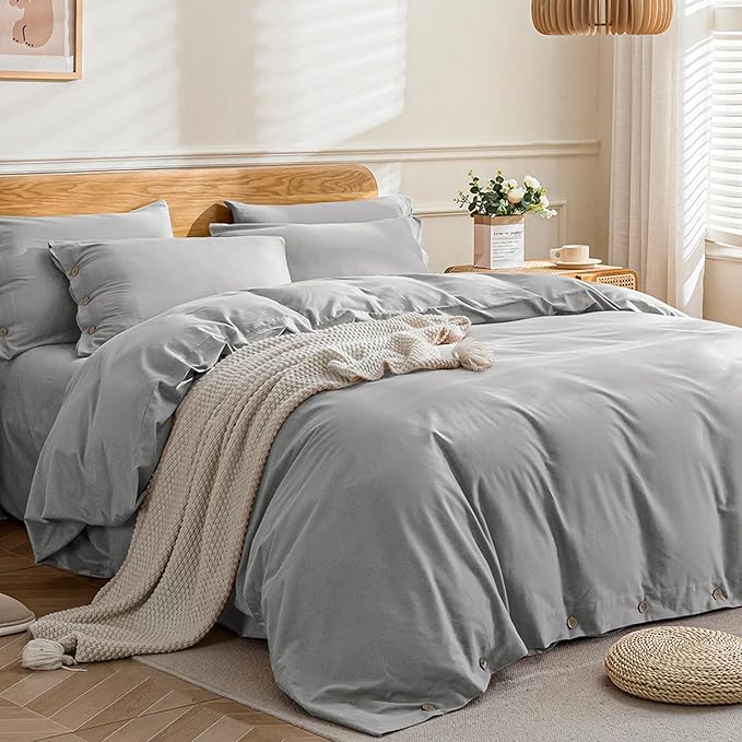 JELLYMONI Cotton Duvet Cover Full Size - Light Gray Comforter Cover with Button 100% Washed Cotton 3PCS Breathable Soft Solid Bedding Set Duvet Cover 80×90in & 2 Pillowcases (NO Comforter)