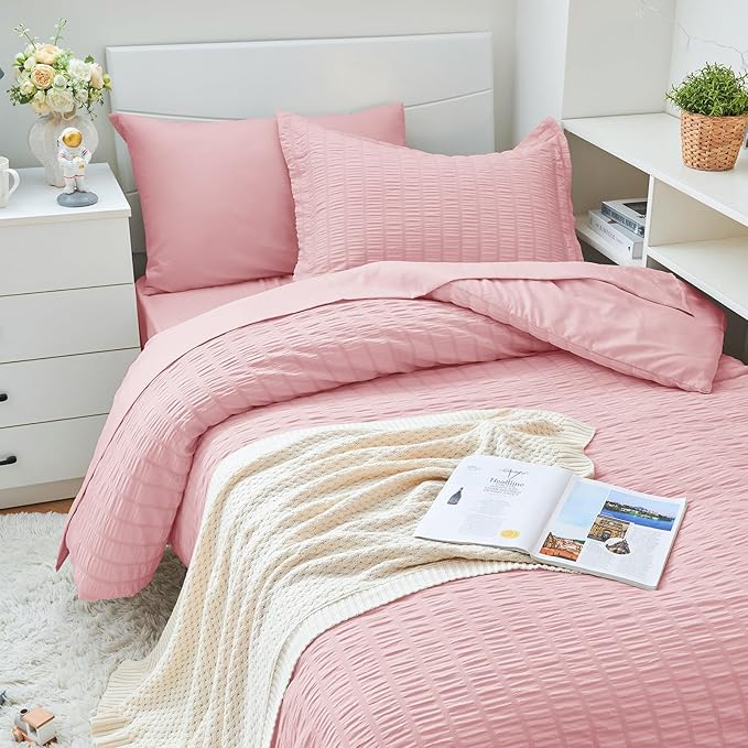 HYMOKEGE Pink Twin XL Comforter Set Seersucker 5 Pieces, All Season Luxury Bed in a Bag for Bedroom, Bedding Set with Comforter, Sheets, Pillowcase & Sham