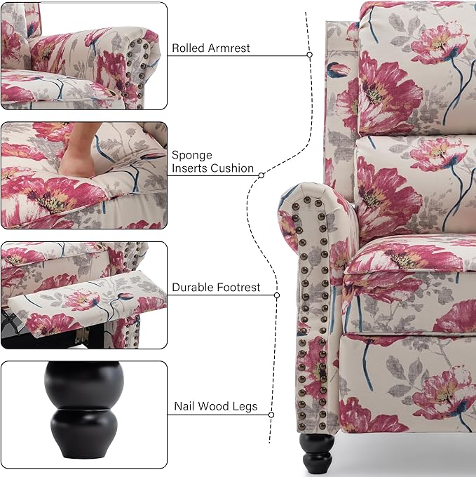 Recliner Chair, Modern Pushback Armchair with Adjustable Backrest & Footrest for Bedroom, Living Room (Pattern Floral,Set of 2)