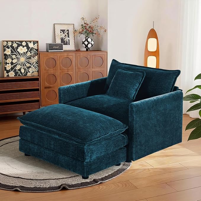 SoarFlash Chenille Sectional Sofa, Comfy Modular Single Sofa with Ottoman, Modern Recliner Deep Seat Sofa Set for Living Room,Deep Blue