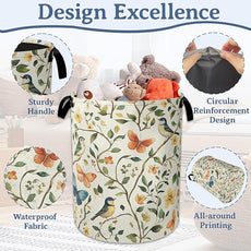 Bird Butterfly Laundry Basket,Oxford Cloth Vintage Nature Laundry Hamper With Handle Foldable Portable Clothes Storage Basket for Laundry Room/Bedroom/Bathroom 20.8