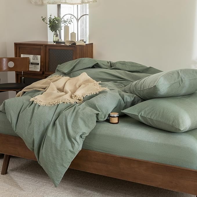 FOSSA Duvet Cover Set 100% Washed Cotton Linen Feel Super Soft Breathable Cozy Simple Style 3 Pieces Bedding Sets Solid Heathered Green Super King