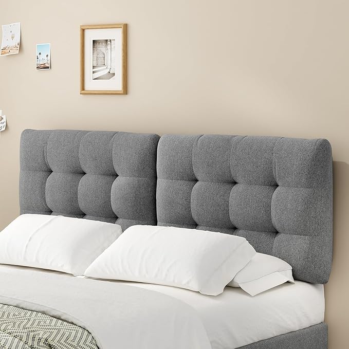 Tufted Upholstered King Headboard, King Size Headboard Only with Durable Solid Wood Legs, Modern Button Diamond Fabric Head Board with Adjustable Height from 39" to 44" and Width Adapters, Grey